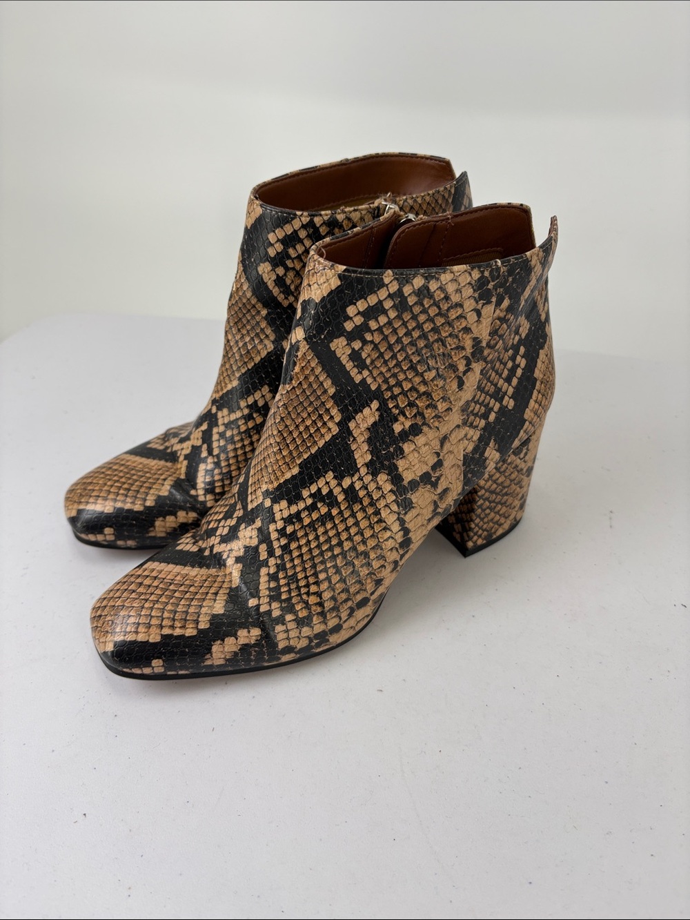 🫐 Franco Sarto Trudy Snake-Print Ankle Boots - Tan/Black vegan